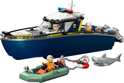 LEGO City Verfolgungsjagd im Polizeiboot – Spielset mit schwimmfähigem Schnellboot, Schlauchboot des Ganoven, 3 Mini-Figuren und Einer Haifigur – Geschenk für Jungen und Mädchen ab 6 Jahren – 60456