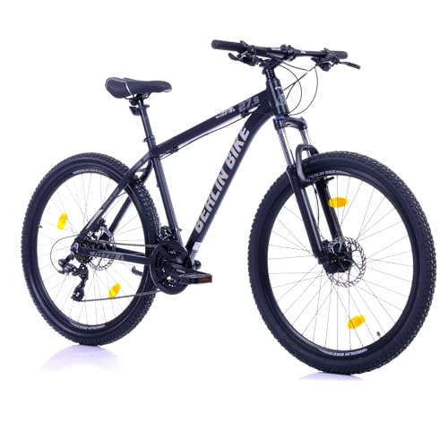 BERLIN BIKE Mountainbike MTB1 – mit komplettem Shimano Set - 21 Gang Shimano FD-TZ500/RD-TY300D, Dacron Hydraulische Scheibenbremsen (Schwarz-Silber, 27,5 Zoll und 51 cm Rahmenhöhe)