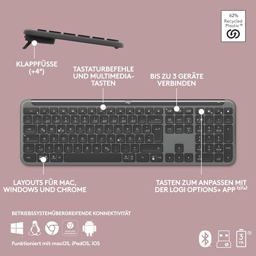 Logitech MK950 Signature Slim kabelloses Tastatur-Maus-Set, schlankes Design, leise tippen, Wechsel zwischen DREI Geräten, Bluetooth, mehrere Betriebssysteme, Windows, Mac, DEU QWERTZ-Layout, Graphit