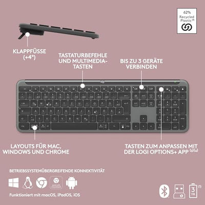 Logitech MK950 Signature Slim kabelloses Tastatur-Maus-Set, schlankes Design, leise tippen, Wechsel zwischen DREI Geräten, Bluetooth, mehrere Betriebssysteme, Windows, Mac, DEU QWERTZ-Layout, Graphit