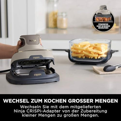 Ninja CRISPi tragbare Airfryer Heißluftfritteuse, 3,8 l, 4-in-1: Heißluftfrittieren, Braten, Warmhalten, Recrisp, 6 Portionen, 2x herausnehmbare Glasbehälter & Deckel, 1700 W, Stone Gold FN101EUSTGD