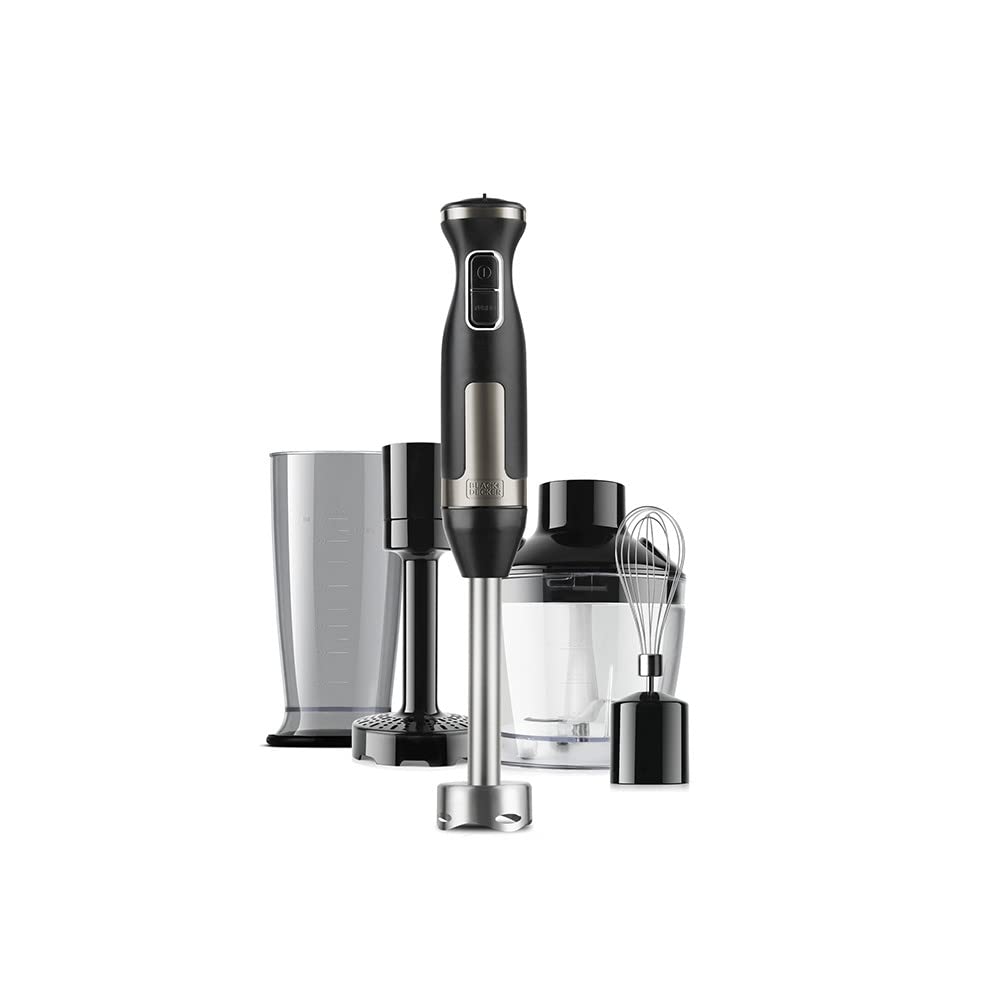 BLACK+DECKER Stabmixer | BXHBA1500E | 1500 Watt | 20 Geschwindigkeiten | Turbo | Edelstahl | Spritzschutz | Inklusive Pürieraufsatz, Schneebesen, Zerkleinerer und Messbecher