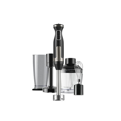BLACK+DECKER Stabmixer | BXHBA1500E | 1500 Watt | 20 Geschwindigkeiten | Turbo | Edelstahl | Spritzschutz | Inklusive Pürieraufsatz, Schneebesen, Zerkleinerer und Messbecher
