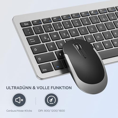Tastatur Maus Set Kabellos, seenda Ultra-Dünne Wiederaufladbare Funk Tastatur Maus Set, Ergonomische Tastatur Kabellos mit Silikon Staubschutz für PC/Laptop/Smart TV, DE QWERTZ Layout, Schwarz&Silber