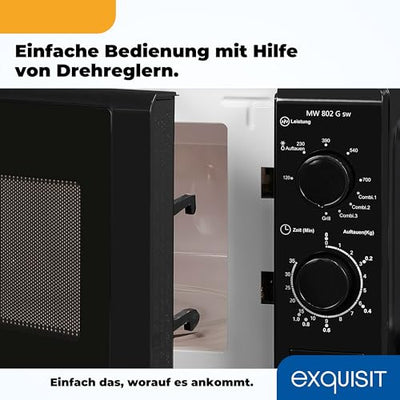 Exquisit Mikrowelle MW 802 G | Mikrowelle mit Grill 1000 W | 700 W gesamt | Timer | Mikrowelle klein und platzsparend 20 L Garrraum | schwarz