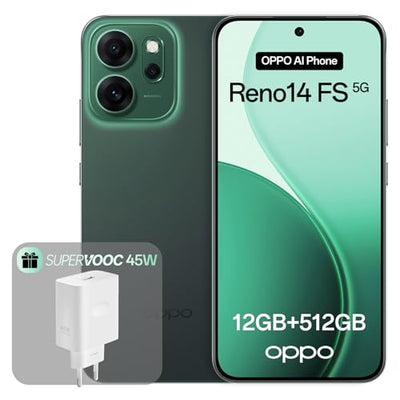 OPPO Reno14 FS 5G 12+512GB, AI Android Smartphone (Freigeschaltet), 6,57" 120Hz AMOLED Display, 50+32MP AI Kamera, 6000mAh Akku, IP69 Wasserschutz, Luminous Green (inkl. 45W SUPERVOOC Ladegerät)