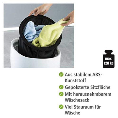 WENKO Badhocker Mod. Candy Weiß, Hocker mit Stauraum für das Badezimmer und Wohnzimmer, integrierter Wäschesammler, ABS-Kunststoff, BPA-frei, Fassungsvermögen 20 L, Ø 36 x 50,5 cm