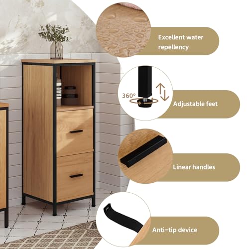 EUGAD Badezimmerschrank mit 2 abnehmbaren Schubladen, Badschrank schmal, multifunktionaler Aufbewahrungsschrank Eckschrank, Industrie Stil, mit Metallrahmen, Schwarz helle Eiche, 30x80x30 cm