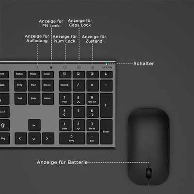 Kabelloses Tastatur Maus Set, seenda 2.4G Ultraflach Wireless Tastatur und Maus Aufladbar aus Aluminium, Deutsch QWERTZ Funktastatur Dünn für Windows/PC, Computer, Laptop, Smart-TV, Grau und Schwarz