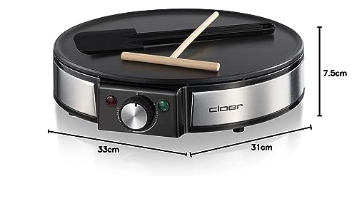 Cloer 6630 Crêpes-Maker, für süße oder herzhafte Crepes mit 30 cm Ø, 1200 W, Antihaftbeschichtung, inkl. Teigverteiler aus Holz und Wender, schwarz