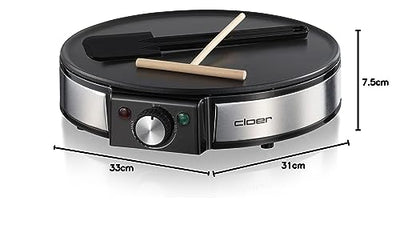 Cloer 6630 Crêpes-Maker, für süße oder herzhafte Crepes mit 30 cm Ø, 1200 W, Antihaftbeschichtung, inkl. Teigverteiler aus Holz und Wender, schwarz