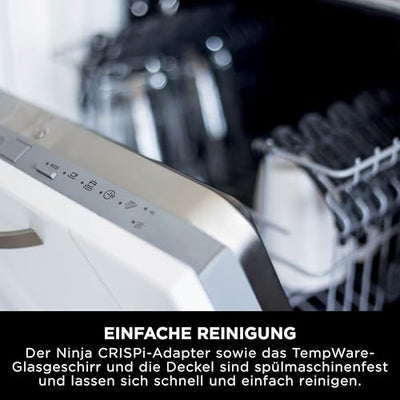 Ninja CRISPi tragbare Airfryer Heißluftfritteuse, 3,8 l, 4-in-1: Heißluftfrittieren, Braten, Warmhalten, Recrisp, 6 Portionen, 2x herausnehmbare Glasbehälter & Deckel, 1700 W, Stone Gold FN101EUSTGD