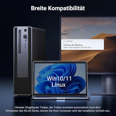 UGREEN WLAN Stick AX900 WiFi 6 Primär WLAN Adapter PC Dual Band 2,4G/5GHz, Internet Stick mit eingebauter Treiber, WPA2-PSK Verschlüsselung, Kompatibel mit Windows 11/10.