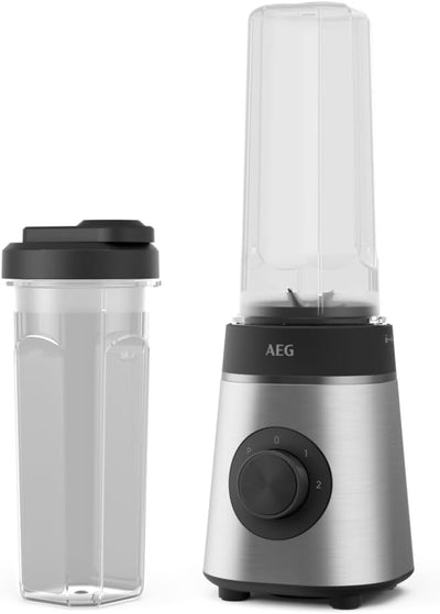 AEG MiniMixer SB4-1-4ST Standmixer / 350 W-Motor / 23.000 U/Min / 2 spülmaschinen- und bruchfeste 600 ml Trinkflaschen / 4-Klingen Messer / Drehregler / BPA-frei / Pulse-Taste / gebürstetes Edelstahl