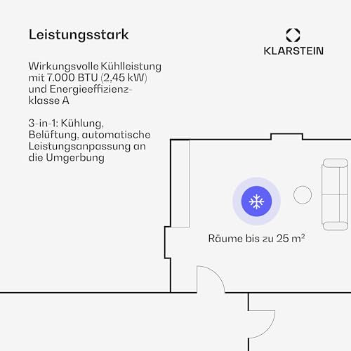 Klarstein Mobile Klimaanlage mit Abluftschlauch, 7000 BTU - praktischer Luftentfeuchter, Ventilator & Kühler in einem, inklusive Kit - ideal für Räume bis 25 qm