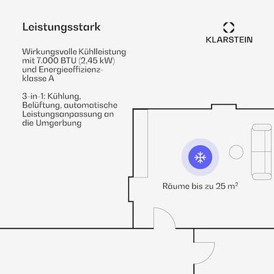 Klarstein Mobile Klimaanlage mit Abluftschlauch, 7000 BTU - praktischer Luftentfeuchter, Ventilator & Kühler in einem, inklusive Kit - ideal für Räume bis 25 qm