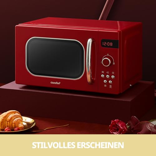 Comfee CMSRO 20 di rd Retro-Mikrowelle mit 8 Automatikmenüs, 5 Leistungsstufen, Schnellkochtaste, 20 l, 800 W, leidenschaftlich rot