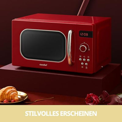 Comfee CMSRO 20 di rd Retro-Mikrowelle mit 8 Automatikmenüs, 5 Leistungsstufen, Schnellkochtaste, 20 l, 800 W, leidenschaftlich rot