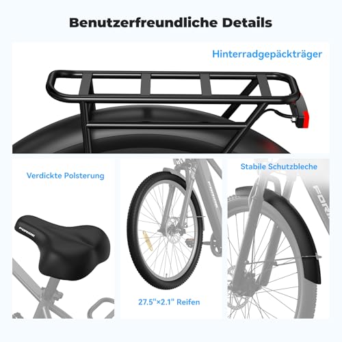 Foride Roamer 1 27,5" E-Bike für Erwachsene, 7 Gang Elektrofahrrad mit Austauschbarem 36V 13Ah Akku, 250W Motor, 25 km/h und 100km Reichweite E-Bike Damen Herren für Städtische Pendler
