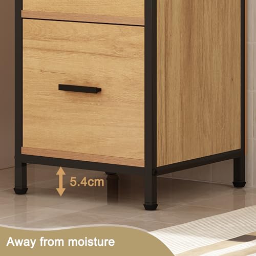 EUGAD Badezimmerschrank mit 2 abnehmbaren Schubladen, Badschrank schmal, multifunktionaler Aufbewahrungsschrank Eckschrank, Industrie Stil, mit Metallrahmen, Schwarz helle Eiche, 30x80x30 cm