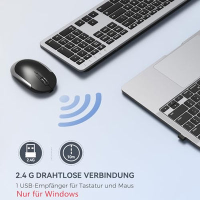 Tastatur Maus Set Kabellos, seenda Ultra-Dünne Wiederaufladbare Funk Tastatur Maus Set, Ergonomische Tastatur Kabellos mit Silikon Staubschutz für PC/Laptop/Smart TV, DE QWERTZ Layout, Schwarz&Silber