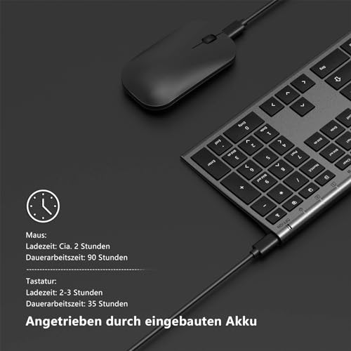 Kabelloses Tastatur Maus Set, seenda 2.4G Ultraflach Wireless Tastatur und Maus Aufladbar aus Aluminium, Deutsch QWERTZ Funktastatur Dünn für Windows/PC, Computer, Laptop, Smart-TV, Grau und Schwarz