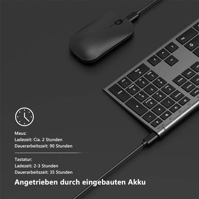 Kabelloses Tastatur Maus Set, seenda 2.4G Ultraflach Wireless Tastatur und Maus Aufladbar aus Aluminium, Deutsch QWERTZ Funktastatur Dünn für Windows/PC, Computer, Laptop, Smart-TV, Grau und Schwarz