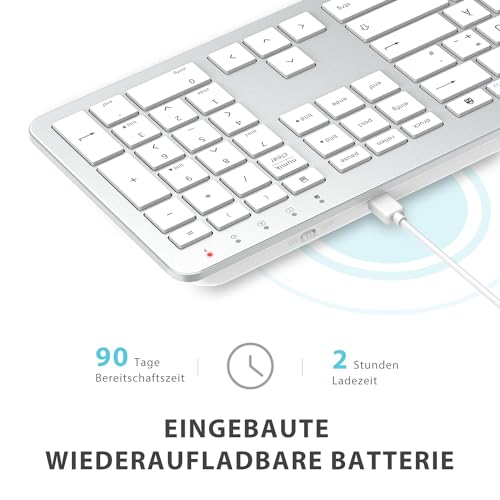 Tastatur Maus Set Kabellos, iClever Wiederaufladbare Funktastatur, Deutsch QWERTZ Layout, 2.4 GHz Funk Tastatur Mouse für PC/Laptop/Smart TV, Weiß und Silber