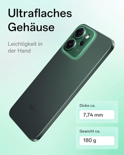 OPPO Reno14 FS 5G 12+512GB, AI Android Smartphone (Freigeschaltet), 6,57" 120Hz AMOLED Display, 50+32MP AI Kamera, 6000mAh Akku, IP69 Wasserschutz, Luminous Green (inkl. 45W SUPERVOOC Ladegerät)