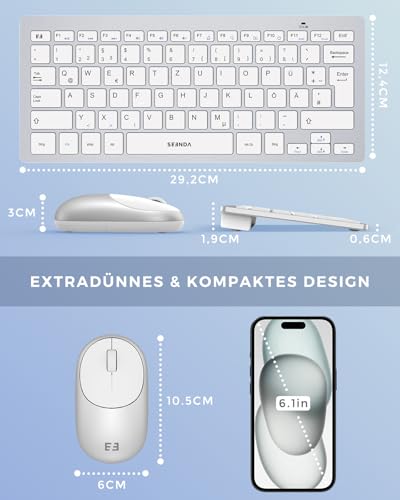 seenda Funktastatur mit Maus, Kleine Tastatur Maus Set kabellos mit USB Empfänger für PC/Laptop/Desktop/TV, Ultradünne 70% Tastatur mit QWERTZ Layout, Weiß & Silber