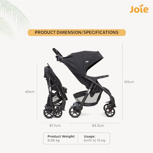 Joie Muze Kinderwagen mit vollem Funktionsumfang, kompakter faltbarer Babywagen mit 5-Punkt-Gurt, kompatibel mit Reisesystem, flach liegend und geeignet für Geburt bis 15 kg (Geburt - 36 Monate)