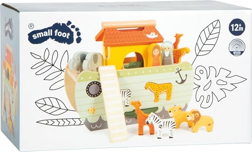 small foot Steckspiel Arche Noah „Safari“, Motorikspielzeug aus Holz mit 15 Tierfiguren, Taufgeschenke für Mädchen und Jungen, für Kinder ab 12 Monaten, 12456