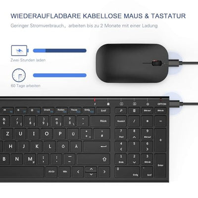 seenda Tastatur Maus Set Kabellos, Wiederaufladbare Aluminium Tastatur mit kompaktes Design, Ultradünne und Leise Funktastatur mit Maus für PC/Laptop/Smart TV, QWERTZ Layout, Schwarz