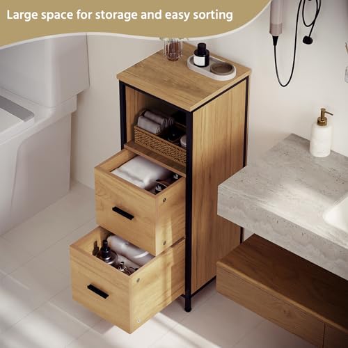 EUGAD Badezimmerschrank mit 2 abnehmbaren Schubladen, Badschrank schmal, multifunktionaler Aufbewahrungsschrank Eckschrank, Industrie Stil, mit Metallrahmen, Schwarz helle Eiche, 30x80x30 cm