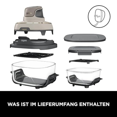 Ninja CRISPi tragbare Airfryer Heißluftfritteuse, 3,8 l, 4-in-1: Heißluftfrittieren, Braten, Warmhalten, Recrisp, 6 Portionen, 2x herausnehmbare Glasbehälter & Deckel, 1700 W, Stone Gold FN101EUSTGD