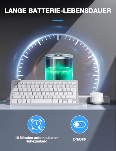 TECKNET Kabelloses Tastatur Maus Set, Deutsch QWERTZ Layout, 2.4 GHz Funk Mini Tastatur Mouse, 15m Reichweite Verbindung, Wireless Leise Funktastatur mit Maus für PC, Laptop, Smart TV, Silber