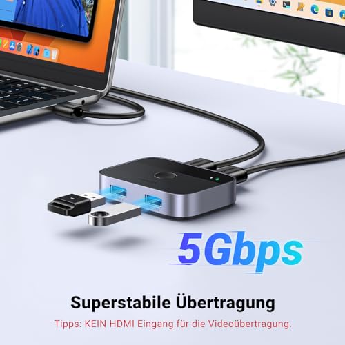 UGREEN USB Switch 2PC USB Switch 3.0 2 In 2 Out USB Umschalter mit 2 USB 3.0 A auf A Kabel für Tastatur, Maus, Drucker, Festplatten, USB-Kameras usw.