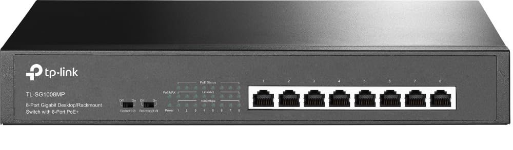 TP-Link TL-SG1008MP 8-Port Gigabit PoE Switch mit 8 PoE+ Ports (Rackmount, 153 Watt, geschirmte RJ-45 Ports,IEEE-802.3af/at PoE, Plug-and-Play, lüfterlos, robustes Metallgehäuse) Schwarz