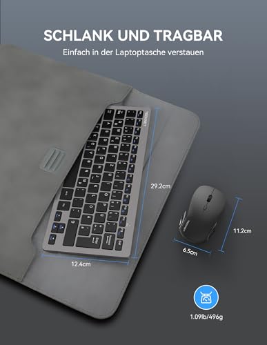 TECKNET Kabelloses Tastatur Maus Set, Deutsch QWERTZ Layout, 2.4 GHz Funk Mini Tastatur Mouse, 15m Reichweite Verbindung, Wireless Leise Funktastatur mit Maus für PC, Laptop, Smart TV, Grau