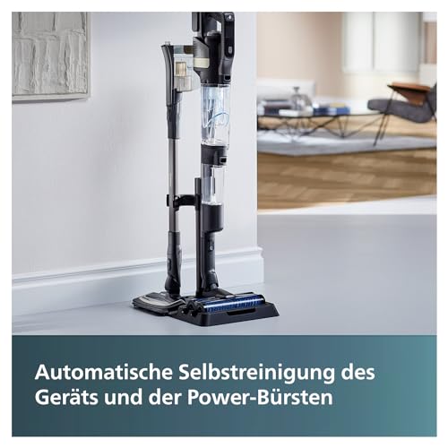 Philips Kabelloser Nass-Trockensauger AquaTrio 9000 Series, 3in1 Staubsaugen und Nasswischen, automatische Selbstreinigung, bis zu 45 Minuten Laufzeit und 185 m², 3 Reinigungsmodi, Schwarz (XW9384/01)