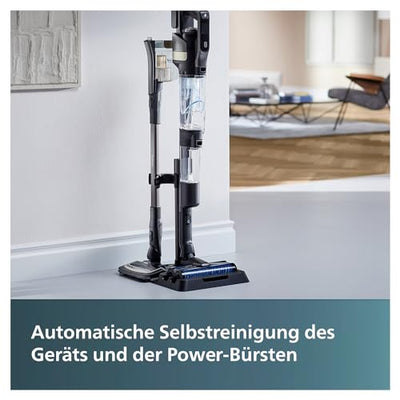 Philips Kabelloser Nass-Trockensauger AquaTrio 9000 Series, 3in1 Staubsaugen und Nasswischen, automatische Selbstreinigung, bis zu 45 Minuten Laufzeit und 185 m², 3 Reinigungsmodi, Schwarz (XW9384/01)