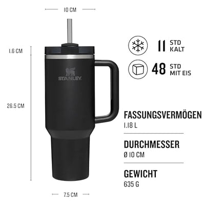 Stanley Quencher H2.0 FlowState Trinkflasche mit Strohhalm 1.2L - Thermobecher Kühlt 11 Stunden - 48 Stunden Eisgekühlt - Spülmaschinenfest - Thermosflasche BPA Frei - Kaffeebecher To Go - Black