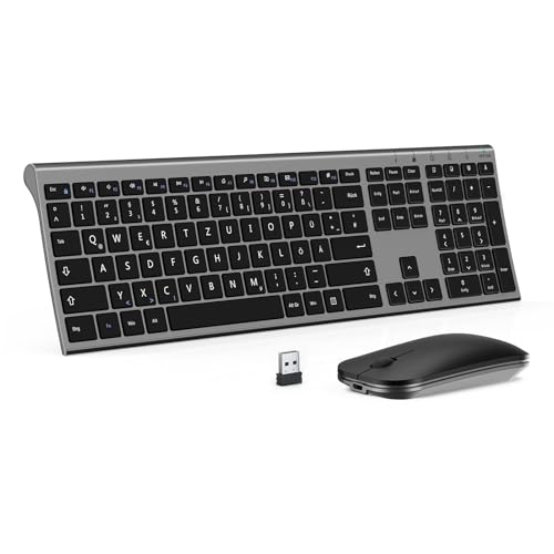 Kabelloses Tastatur Maus Set, seenda 2.4G Ultraflach Wireless Tastatur und Maus Aufladbar aus Aluminium, Deutsch QWERTZ Funktastatur Dünn für Windows/PC, Computer, Laptop, Smart-TV, Grau und Schwarz