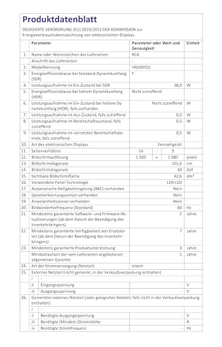 RCA VRS40FQ1 Smart TV 40 Zoll (100 cm) FHD Fernseher mit WLAN, Triple Tuner (DVB-T/T2, DVB-C, DVB-S/S2), App Store, Prime Video, Netflix, YouTube, DAZN, Disney+ [RVSmart 2024]