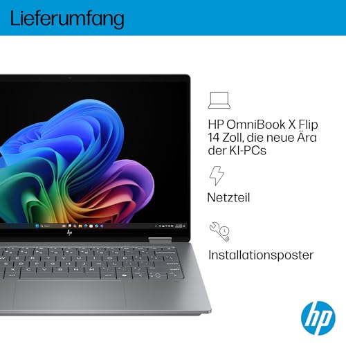 HP OmniBook X Flip 2in1 Next Gen AI Laptop | AMD Ryzen AI 7 350 (8C) | dedizierte NPU für KI | 50 NPU Tops | Copilot+ PC | 14" WUXGA 1920x1200 Touchscreen | 16GB | 512GB SSD | Win11 | QWERTZ | Silber