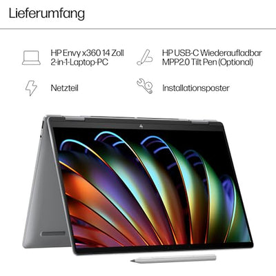 HP Envy x360 2-in-1 Convertible Laptop | AMD Ryzen 5 8640HS | KI optimiert | 14" 2.8K OLED Touch Display | 16GB RAM | 512GB SSD | ‎AMD Radeon Graphics | QWERTZ | Copilot Key | Windows 11 Home | Silber
