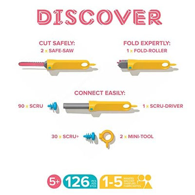 Makedo - Konstruktionsspielzeuge für Pappe, Kinderspiele ab 5, Mint-Lernspielzeug, perfekt für das kreative Spielen zu Hause - 126-teiliger Werkzeugsatz - Discover Packung