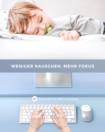 seenda Funktastatur mit Maus, Kleine Tastatur Maus Set kabellos mit USB Empfänger für PC/Laptop/Desktop/TV, Ultradünne 70% Tastatur mit QWERTZ Layout, Weiß & Silber