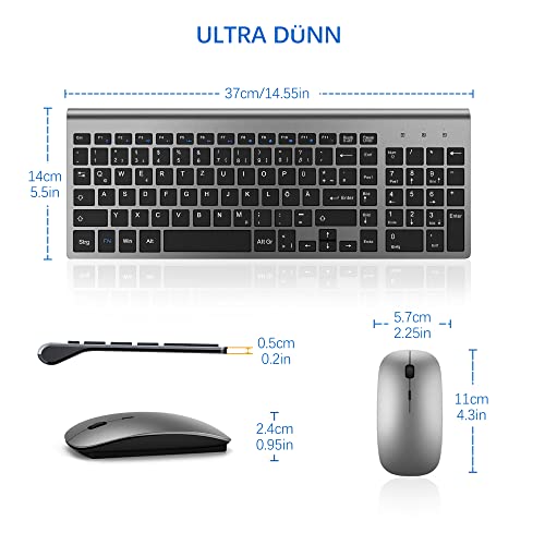 Tastatur Maus Set Ultra Slim, TopMate 2,4G Stille Compact USB 2400DPI Maus und Schissschalter Tastatur mit Abdeckung, mit 2 AA und 2 AAA Batterien für PC/Laptop/Windows/Mac - Grauschwarz