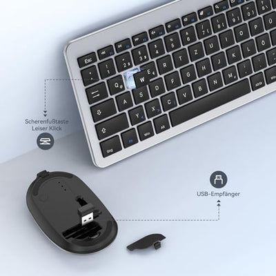 Tastatur Maus Set Kabellos, seenda Ultra-Dünne Wiederaufladbare Funk Tastatur Maus Set, Ergonomische Tastatur Kabellos mit Silikon Staubschutz für PC/Laptop/Smart TV, DE QWERTZ Layout, Schwarz&Silber